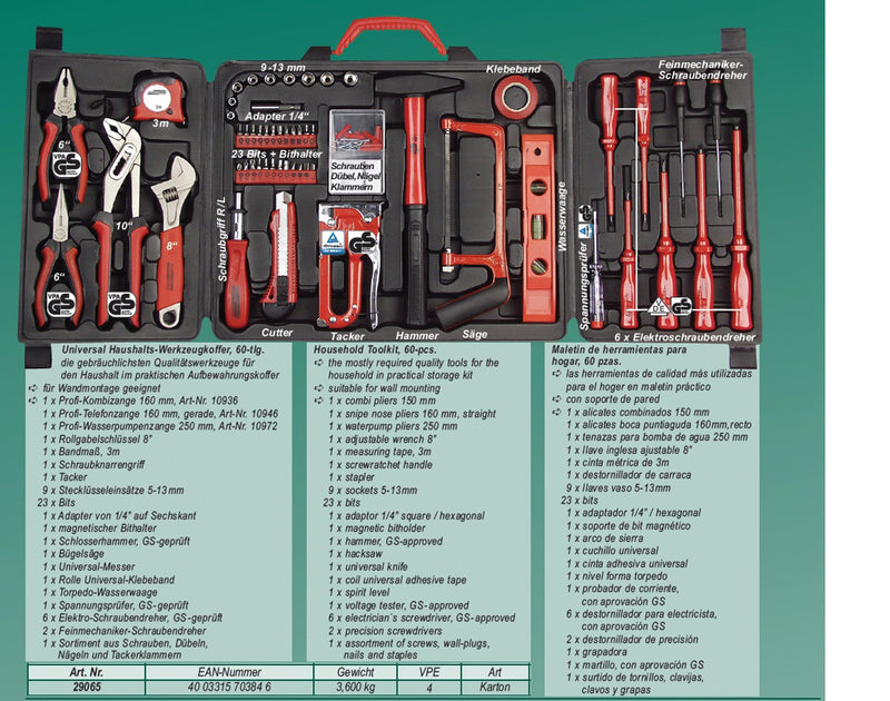 Household tool assortment. in a folding case
