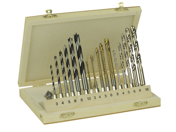 Combination drill set, 17 pieces. in wooden casket
