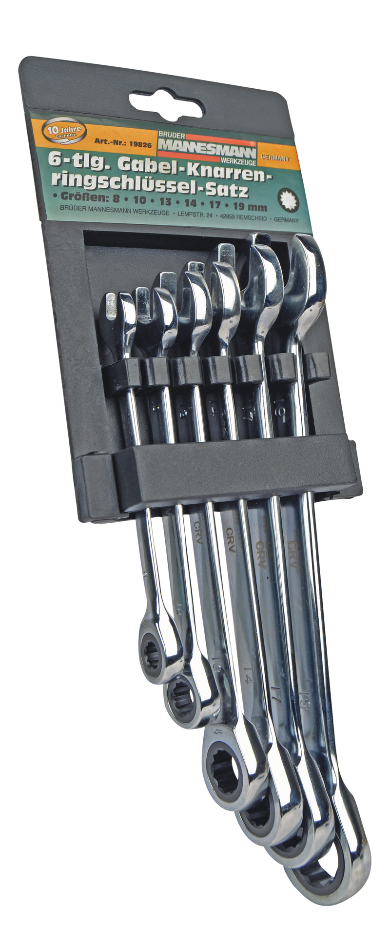 Fork and ratchet combination wrench set, 6 pieces.