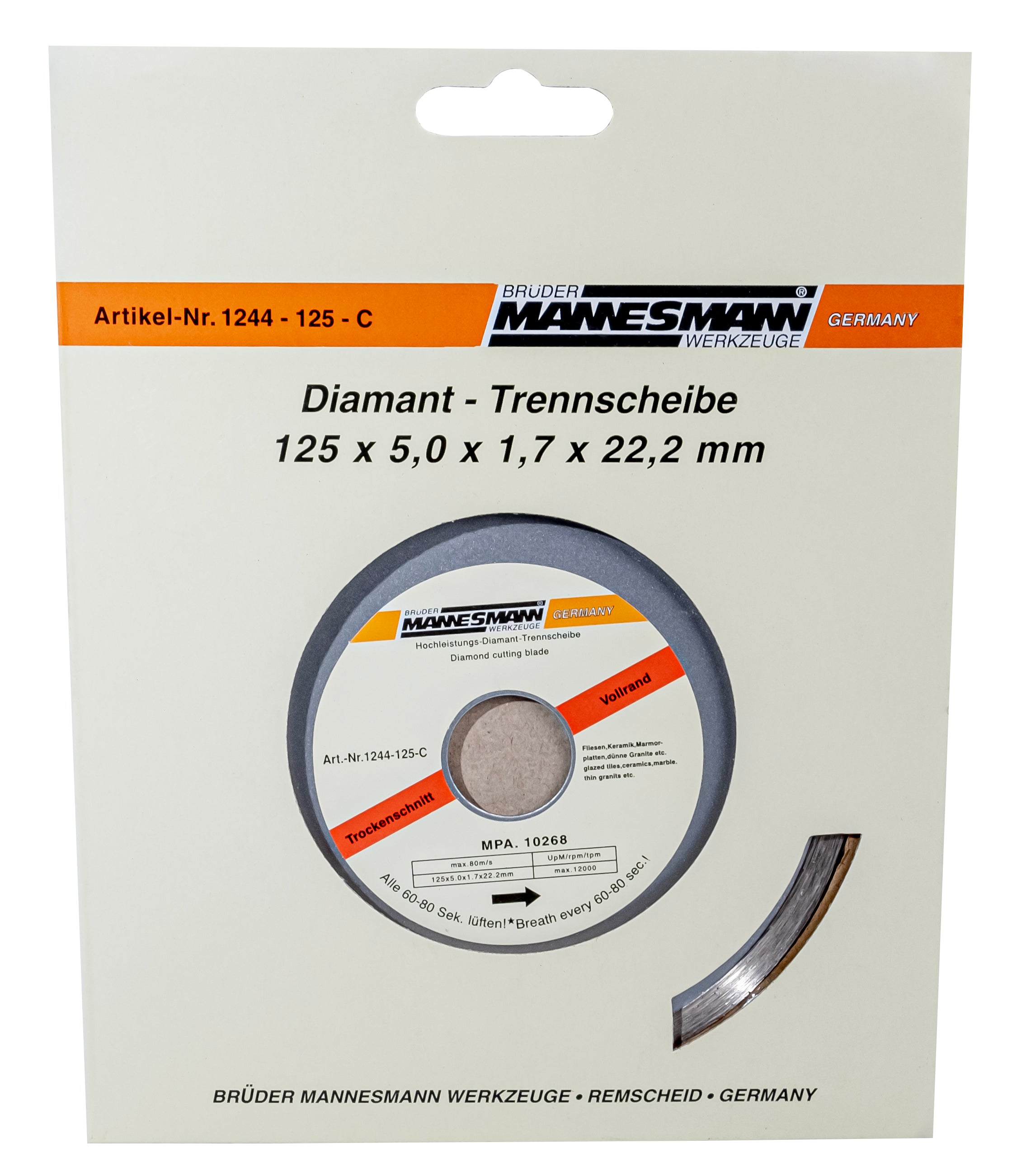 Diamond cutting disc, full rim, diam. 125mm
