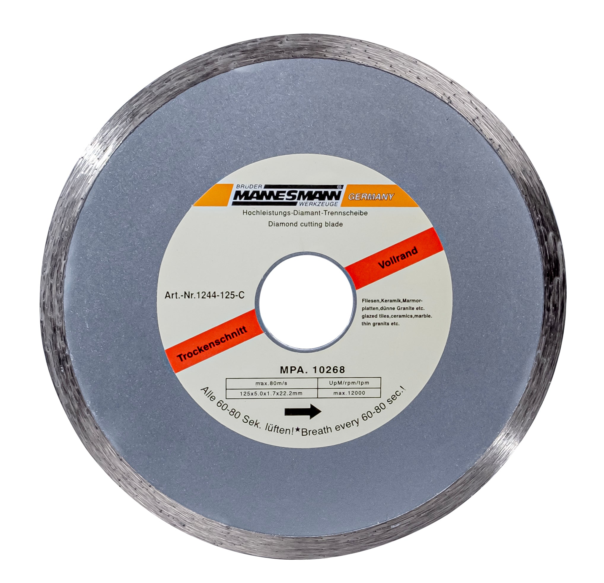 Diamond cutting disc, full rim, diam. 125mm