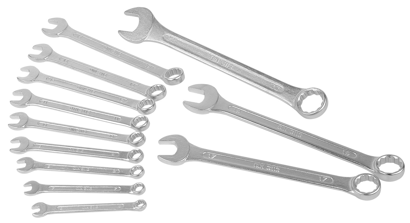 Fork ring wrench set 12 pieces. DIN 3113,