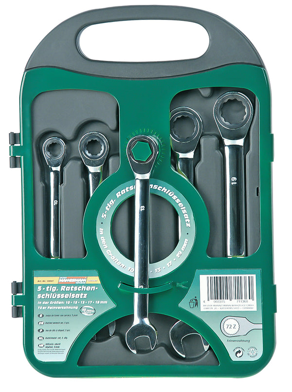 Fork and ratchet combination wrench set, 5 pieces.