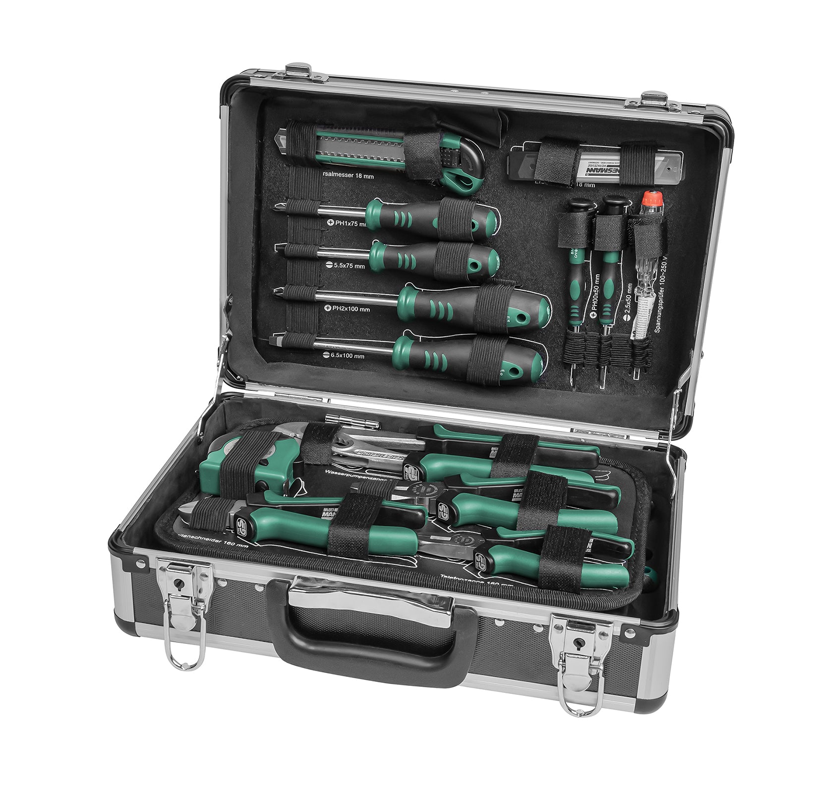Mallette à outils en aluminium, équipée, 90 pièces.