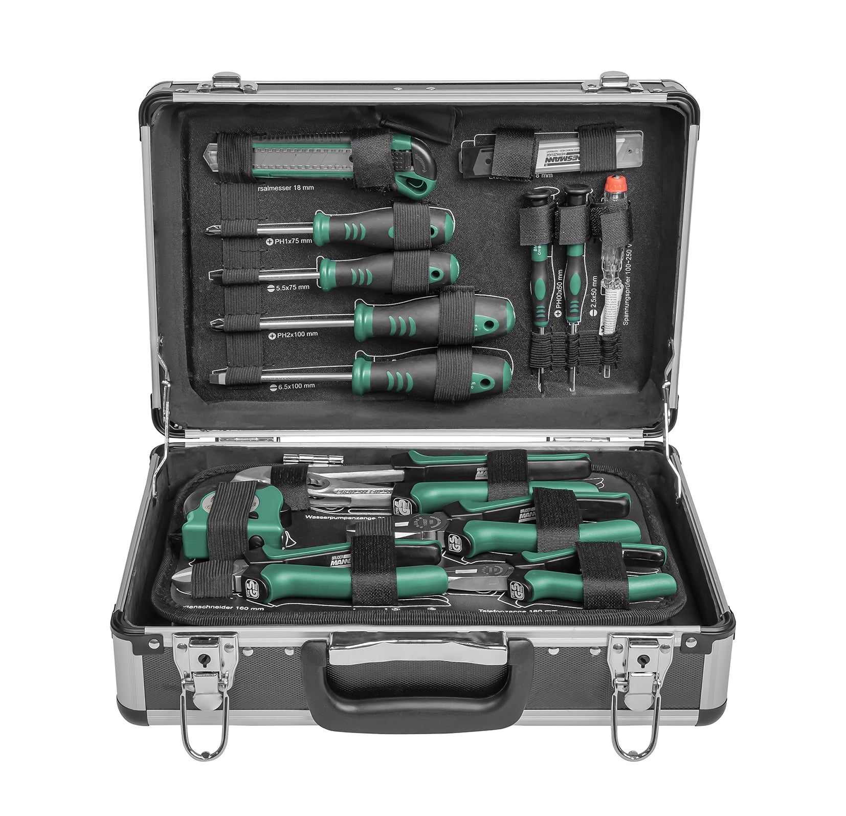 Mallette à outils en aluminium, équipée, 90 pièces.