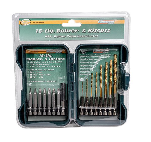 Drill and bit set, 16 pieces.