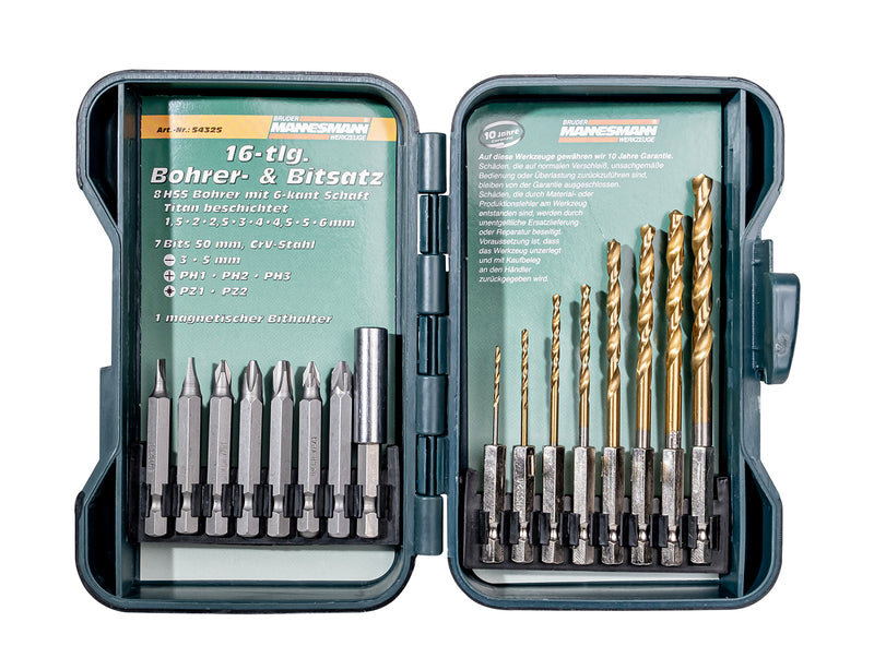 Drill and bit set, 16 pieces.