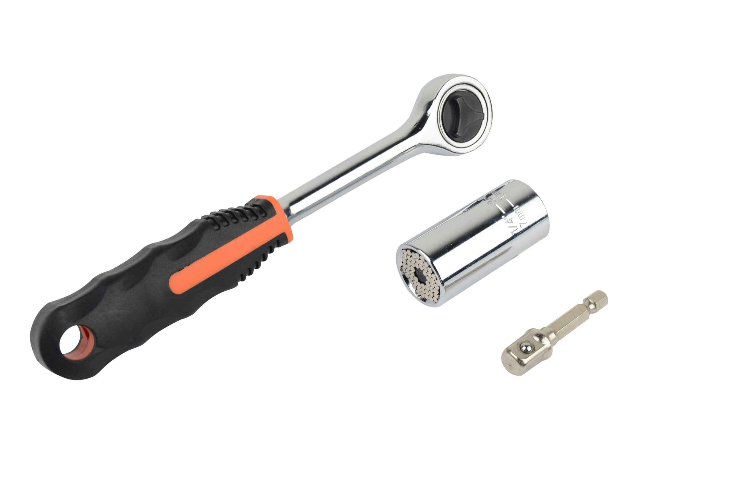 Insert pour clé à douille universelle (7-19 mm) avec adaptateur et cliquet réversible 3/8"