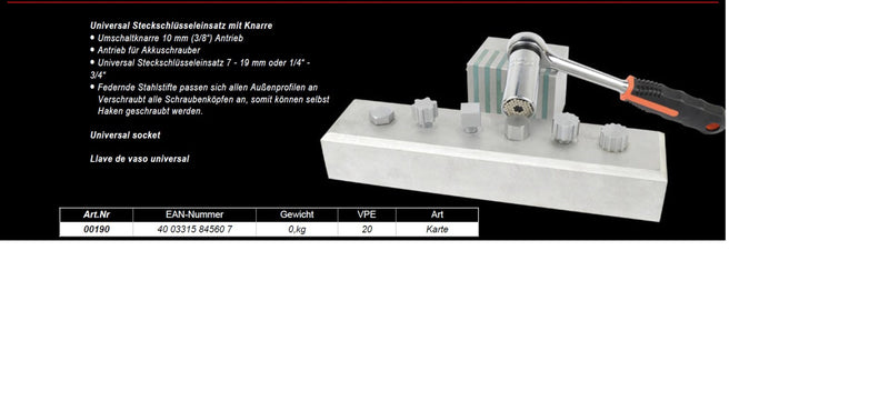 Universal-Steckschlüsseleinsatz (7-19 mm) mit Adapter und Umschaltknarre 3/8"