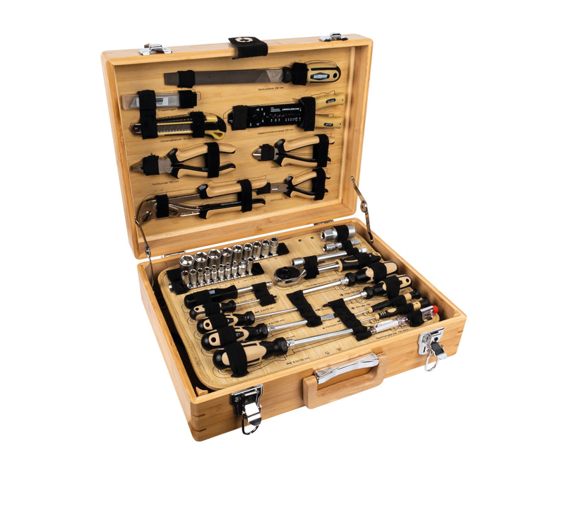 Mallette à outils en bambou, équipée, 108 pces