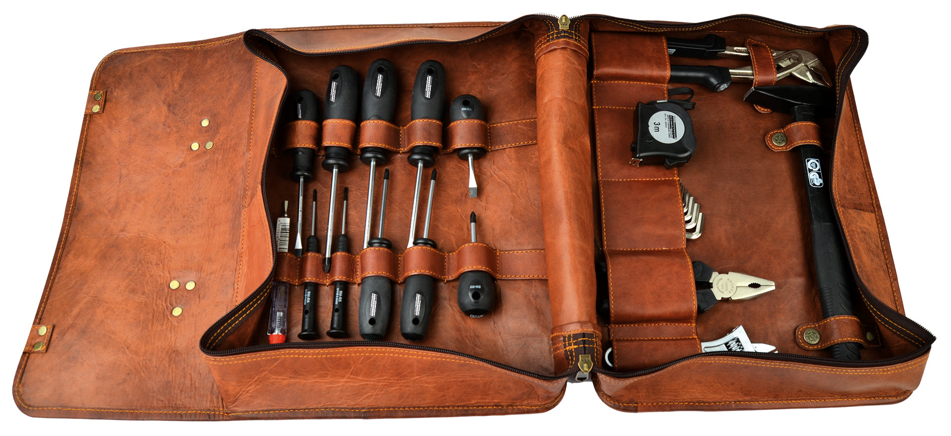 LEATHER TOOL BAG, 24 TOOLS IN LEATHER ZIPPER BAG